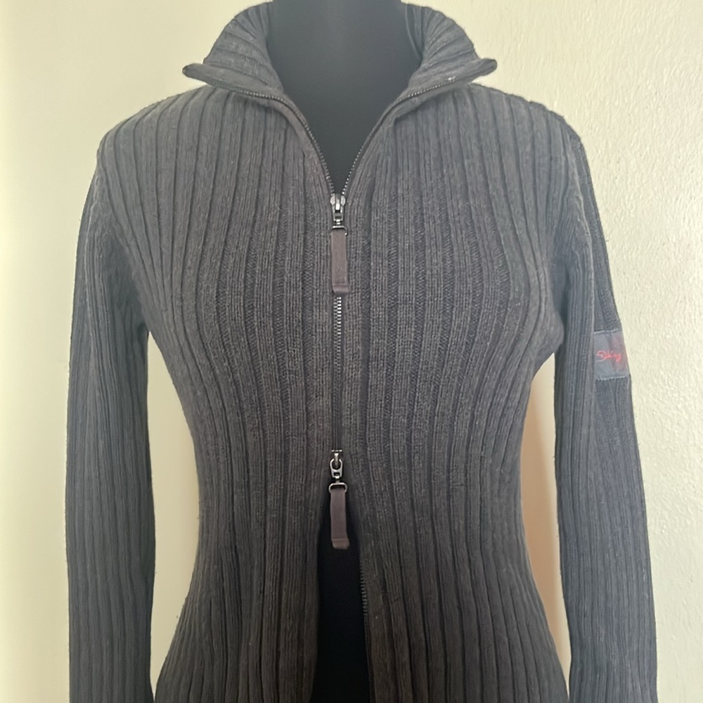 DKNY Jeans dark gray ribbed double zipper cardigan mock turtleneck size L